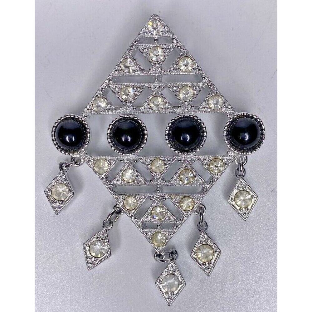 Vtgโ Sarah Coventry Brooch Black Cabochon Clear Rhinestone Triangle Dangle A1-10